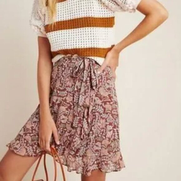 Anthropologie Luca Mini Wrap Style Chiffon Skirt Brown Floral Print Size M - Picture 1 of 7